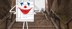 Personagem Us Wireframes com pintura de Joker (Arthur Fleck do filme) na escadaria que é cena do filme fala: "Acho que tenho que explicar como deveria funciona... Por acaso eu sou uma piada pra você?!"